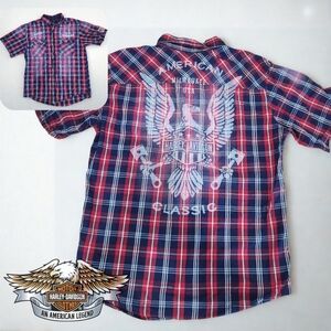Harley-Davidson Red White & Blue Plaid button up tee